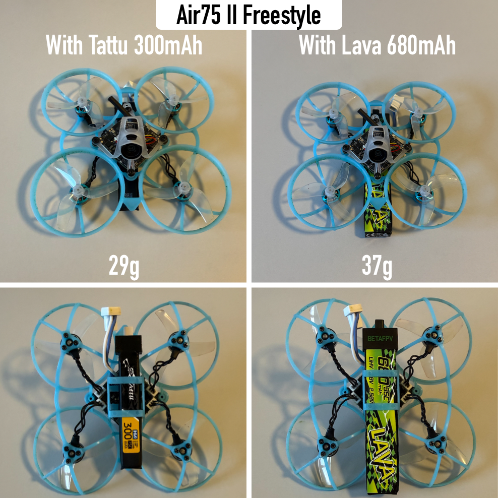 Fitment of the Lava 680mAh LiPos into the Air75 compared to Tattu 300mAh