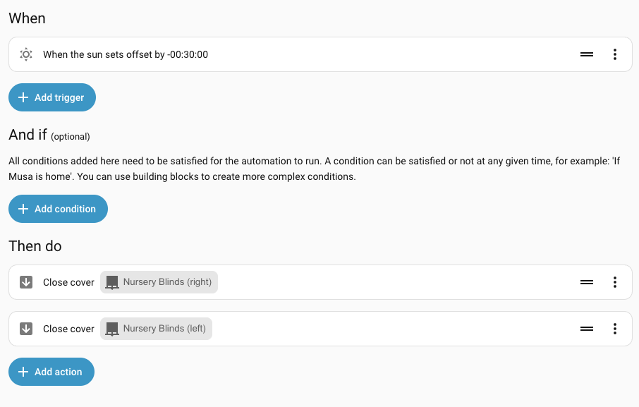 Screenshot of the Zemismart Roller Shade Driver automation in the Home Assistant app.