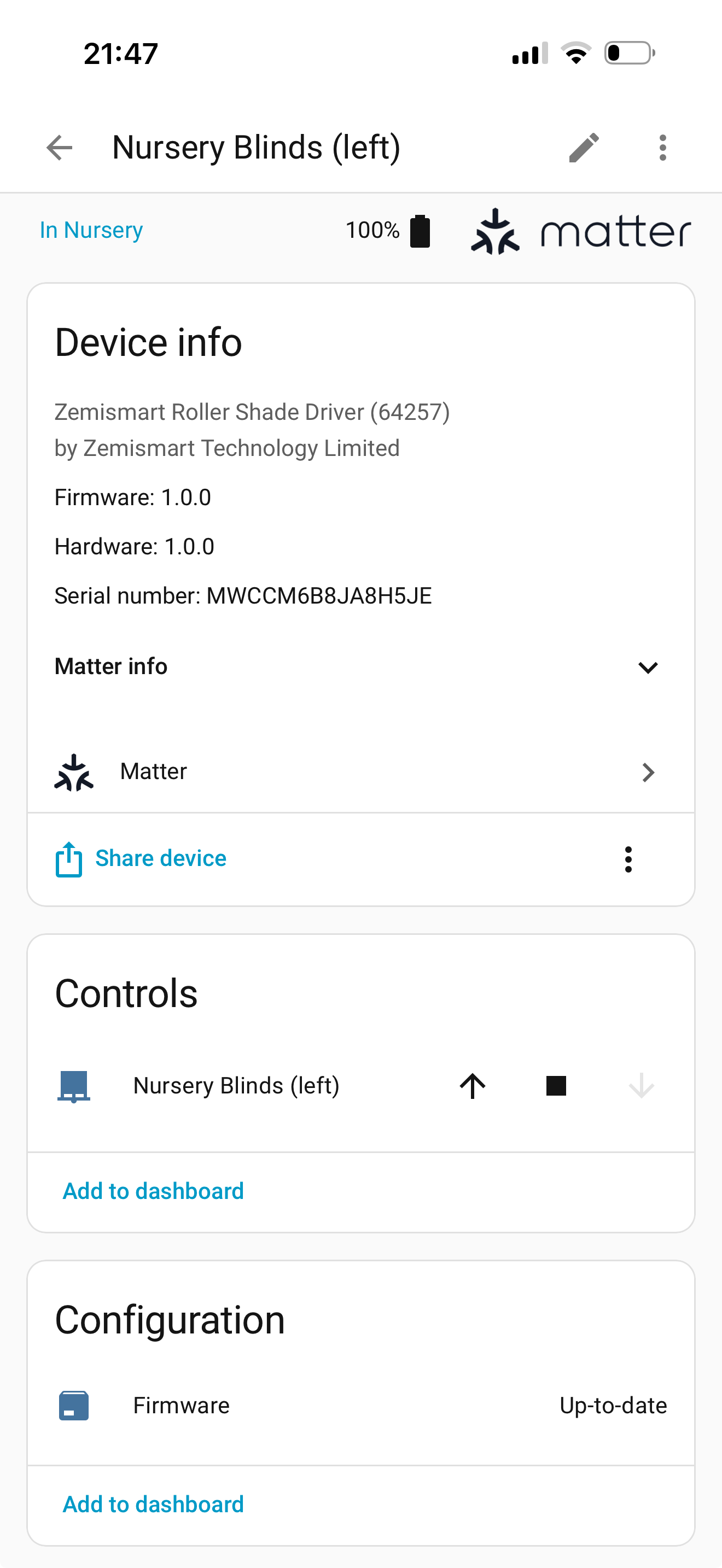 Screenshot of the Zemismart Roller Shade Driver showing up in the Home Assistant app.
